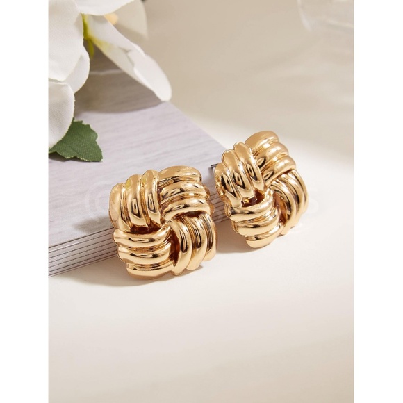 Yellow Gold Tone Stud Knot Earrings Old Money Style - Picture 2 of 6